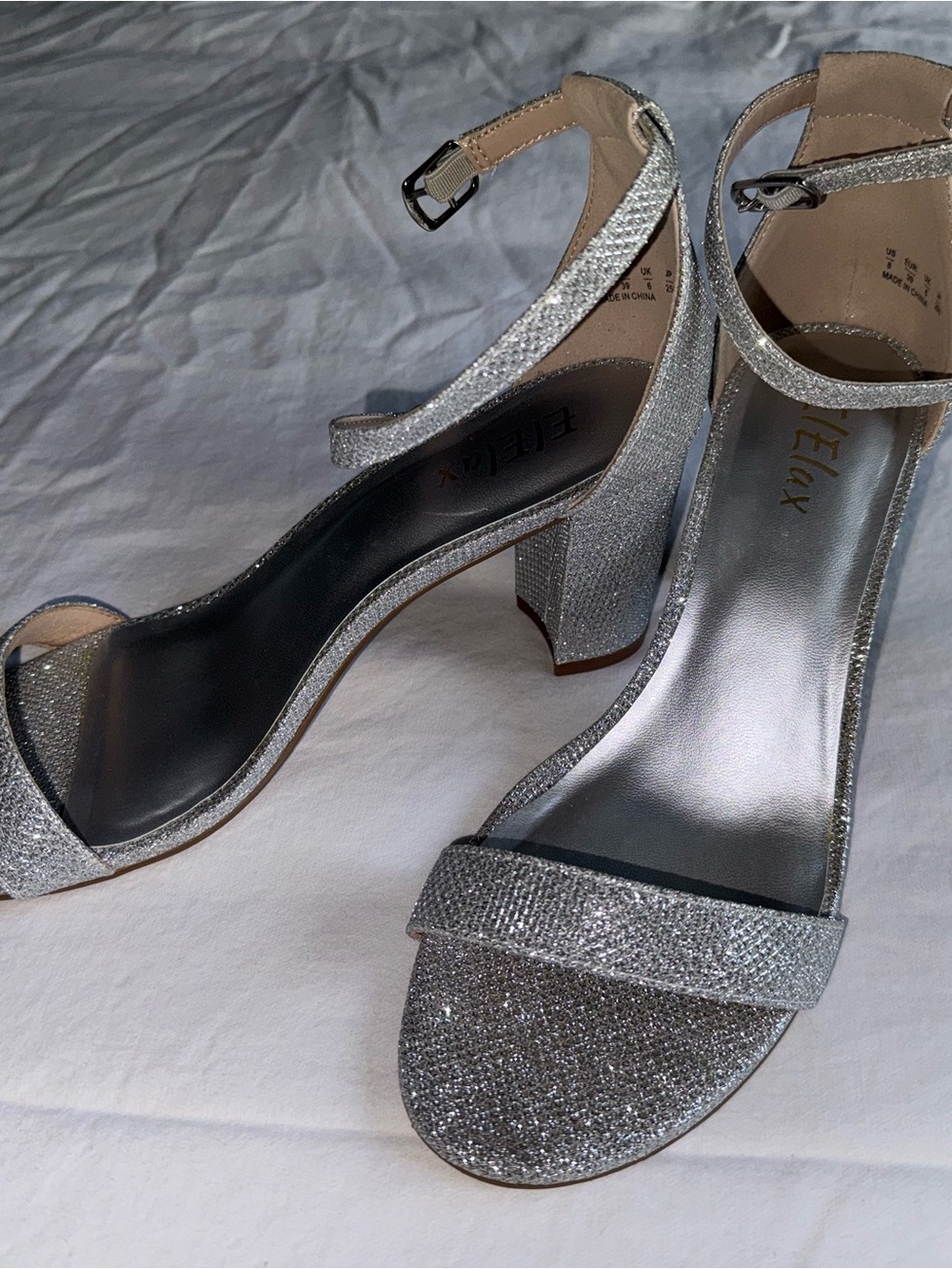 Glitter Block Heel Sandals with Ankle Strap - Silver